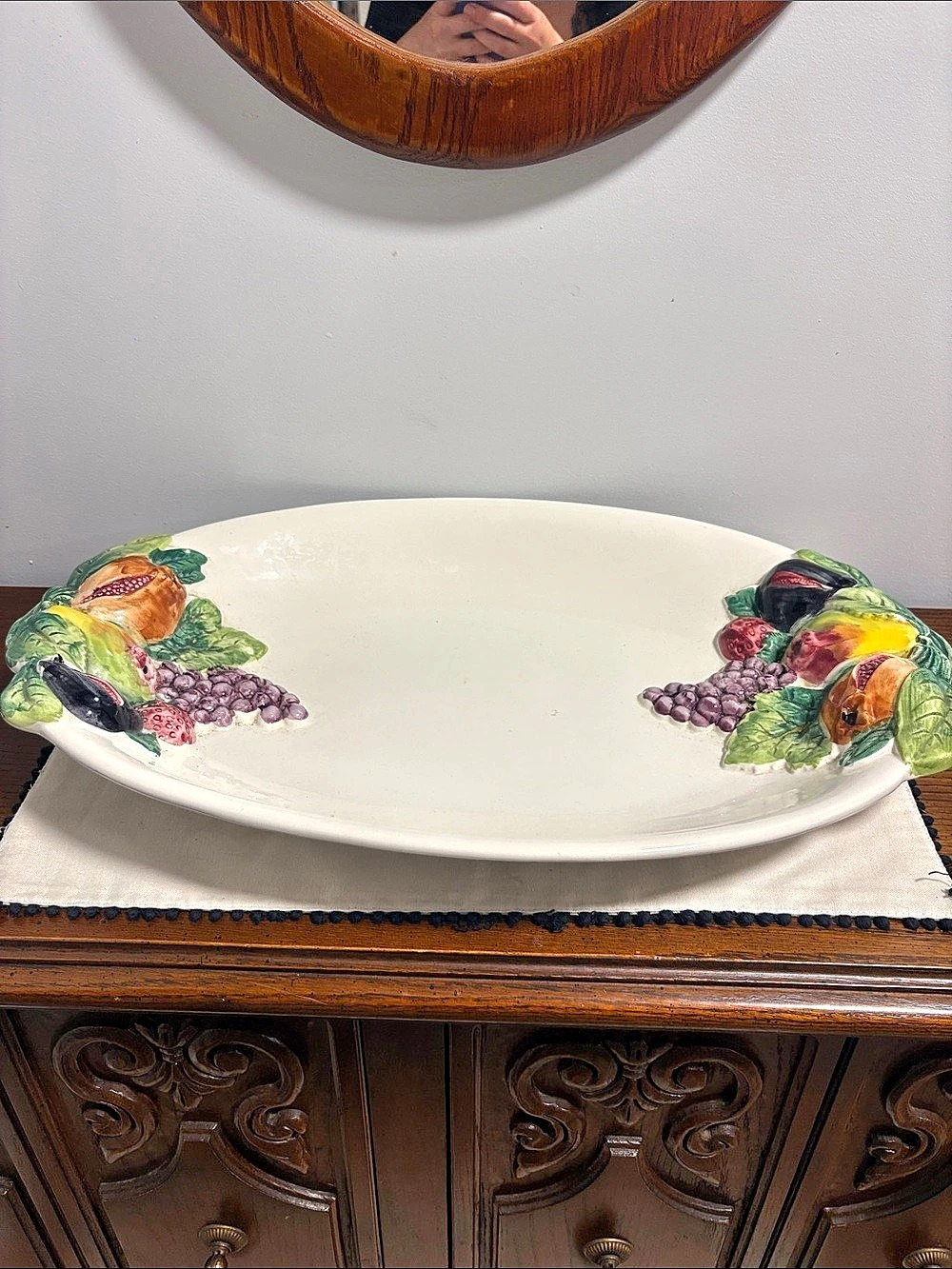 1990’s Fruit Motif Ceramic Serving Platter in White & Green